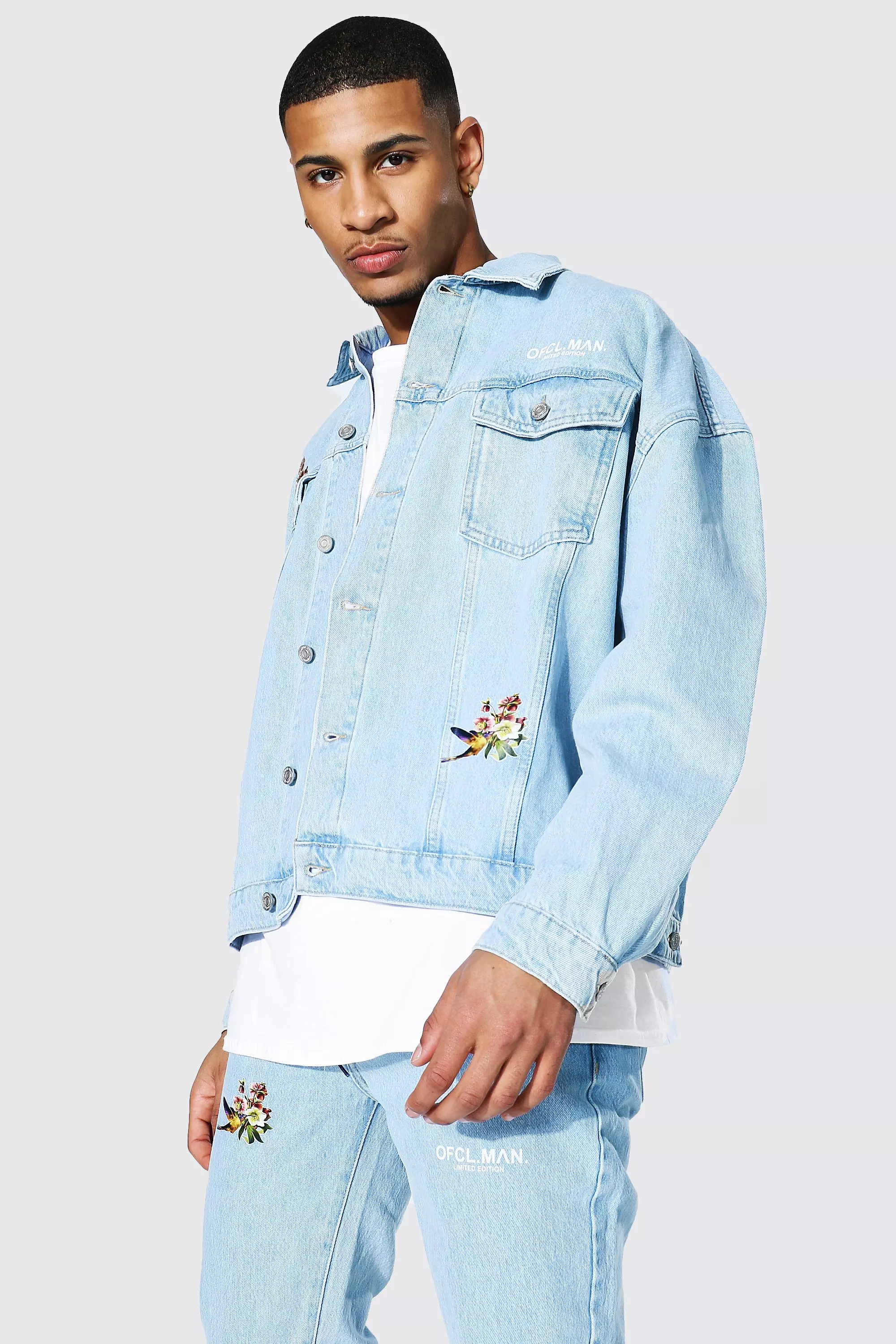 Oversized Flower Back Print Denim Jacket boohooMAN UK